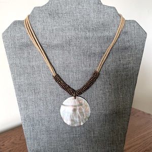 Lia Sophia necklace Mother of Pearl round disk on copper seed bead suede
